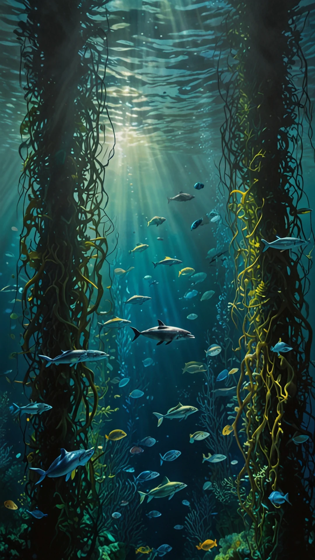 Dramatic Sunbeams in Kelp Forest with Marine Life Illustration - Free 4K mobile Wallpaper