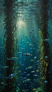 Dramatic Sunbeams in Kelp Forest with Marine Life Illustration