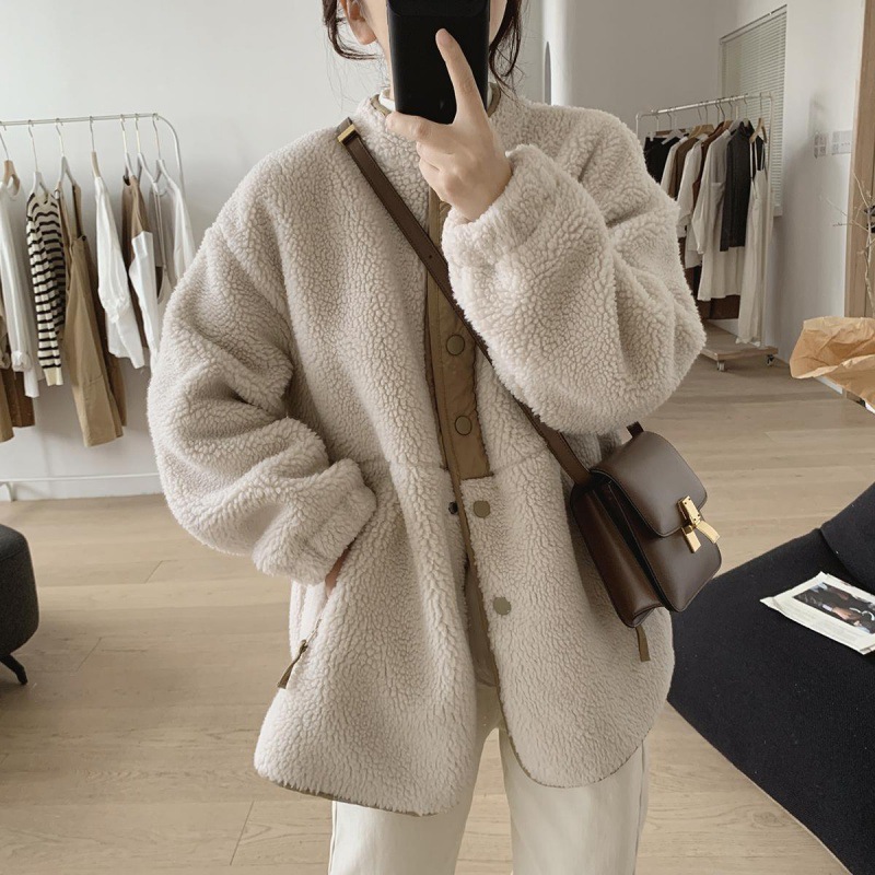 Women's Faux Shearling Jacket, Stand Collar, Lined
