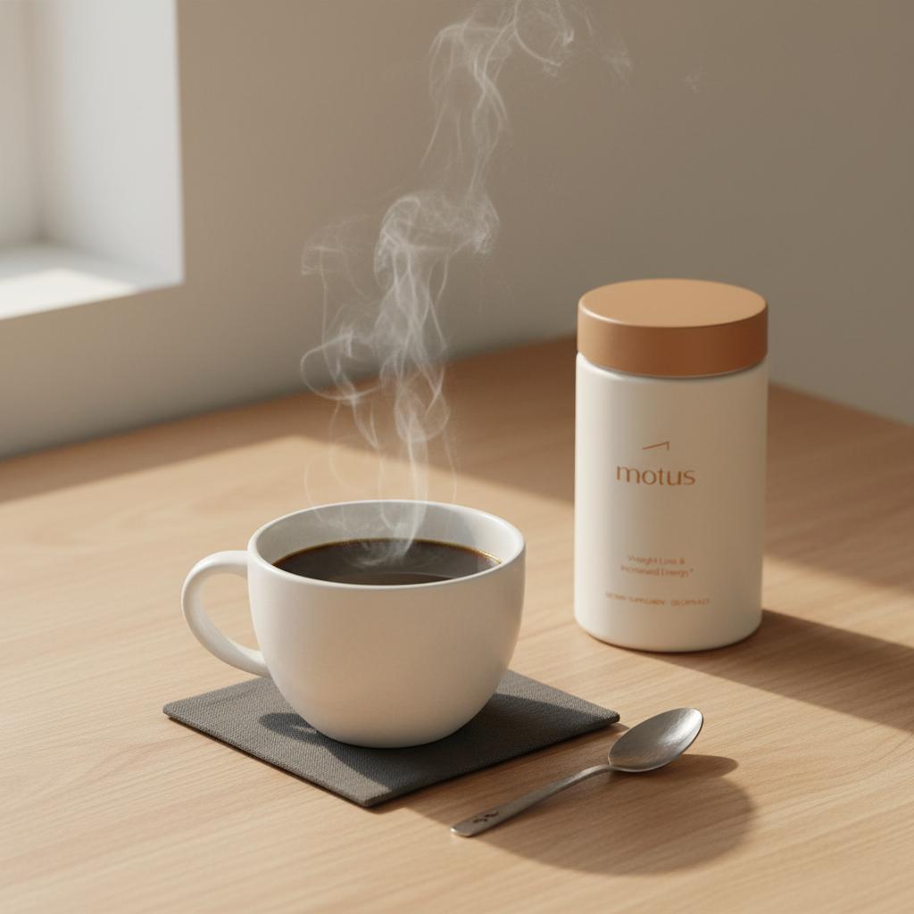 Minimal morning scene with steaming cup of coffee and Motus supplement container on light wood table, illustrating coffee and mitochondrial function.