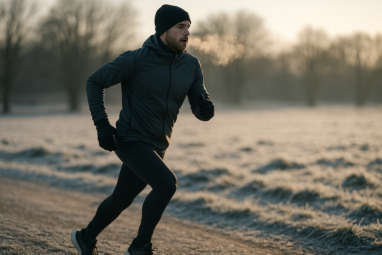 Corredor entrenando en una mañana fría de invierno con ropa técnica