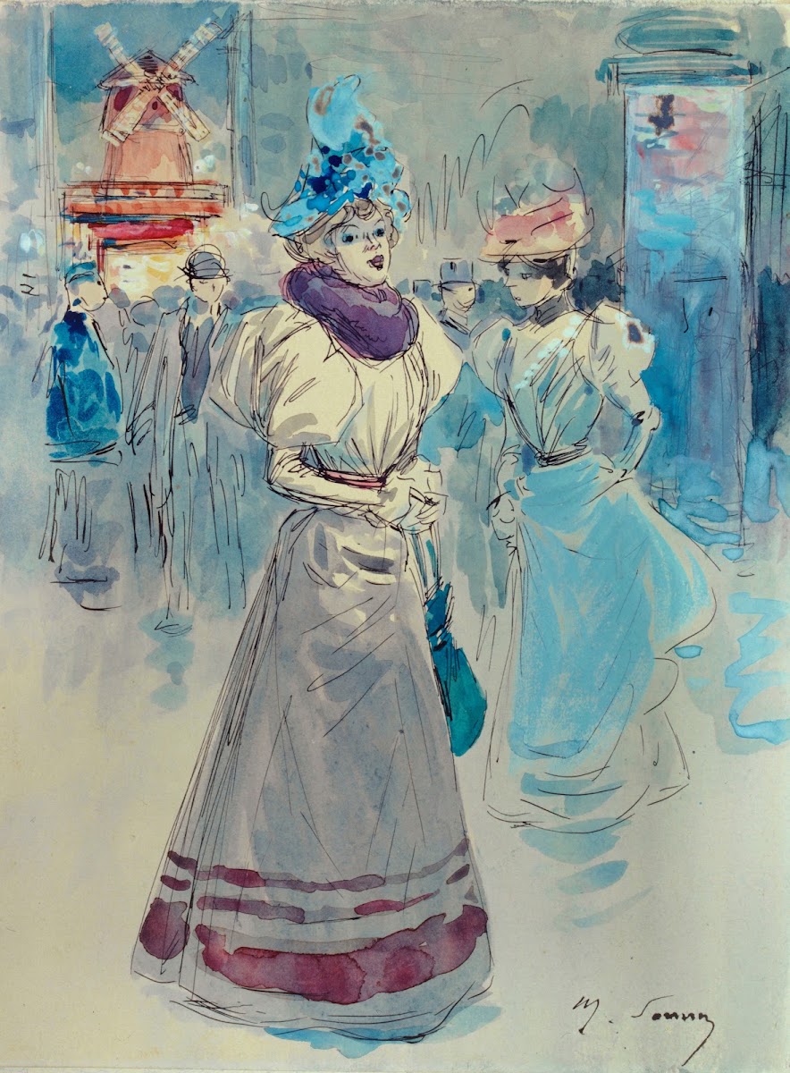 Elégante au chapeau bleu devant le Moulin Rouge place Blanche 18ème arrondisseme