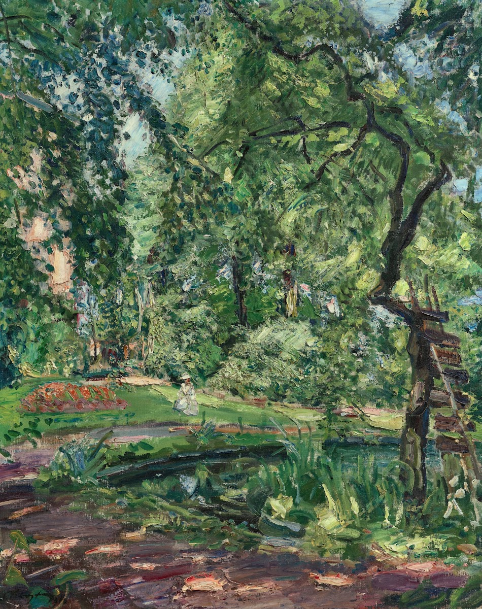 Garten in Godramstein mit verwachsenem Baum und Weiher 1910
