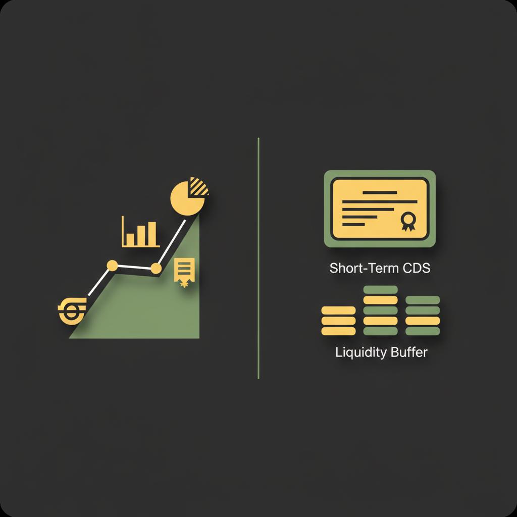 Minimalist 2D vector split illustration of a portfolio growth chart and a short term cash ladder showing liquidity buffer and invested remainder long term investing strategies
