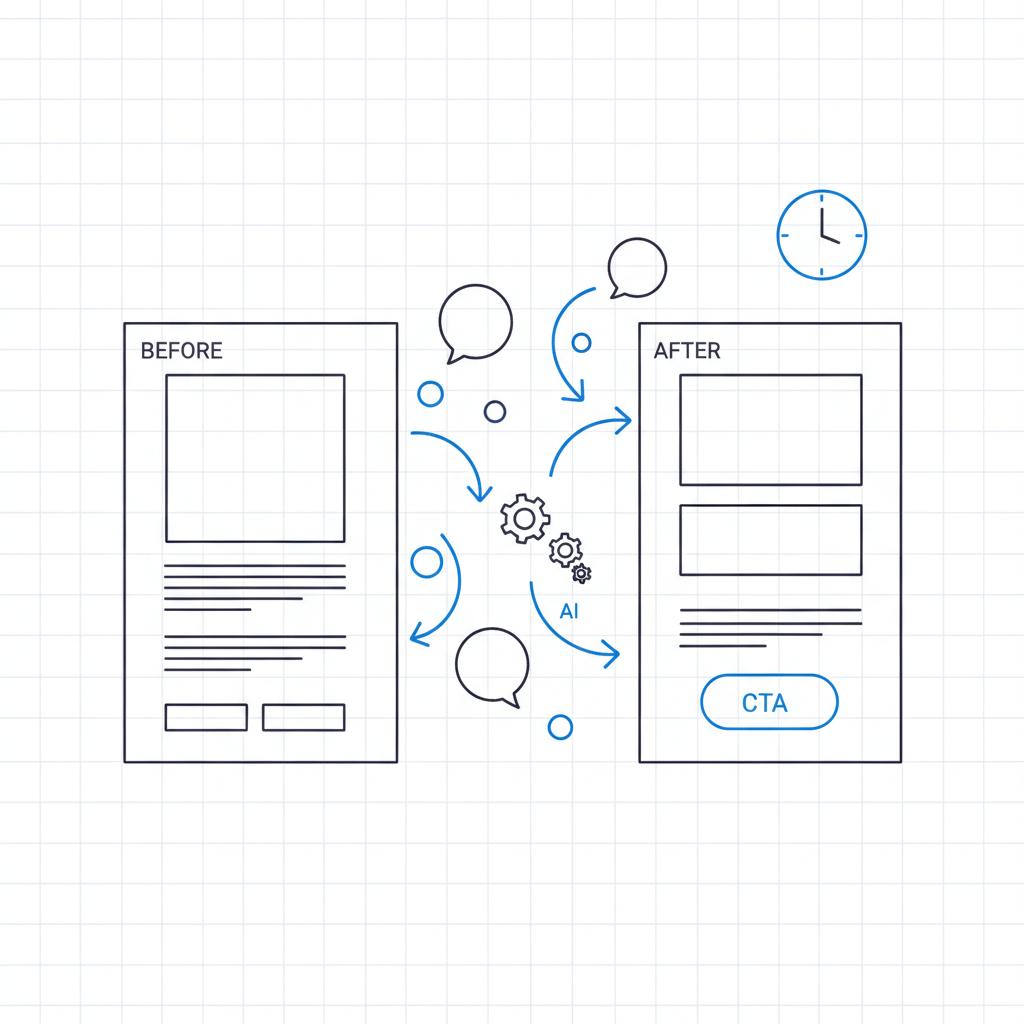 2D vector sketch of a product page evolving via AI: side-by-side wireframes connected by arrows, customer feedback bubbles and a clock icon illustrating artificial intelligence in entrepreneurship