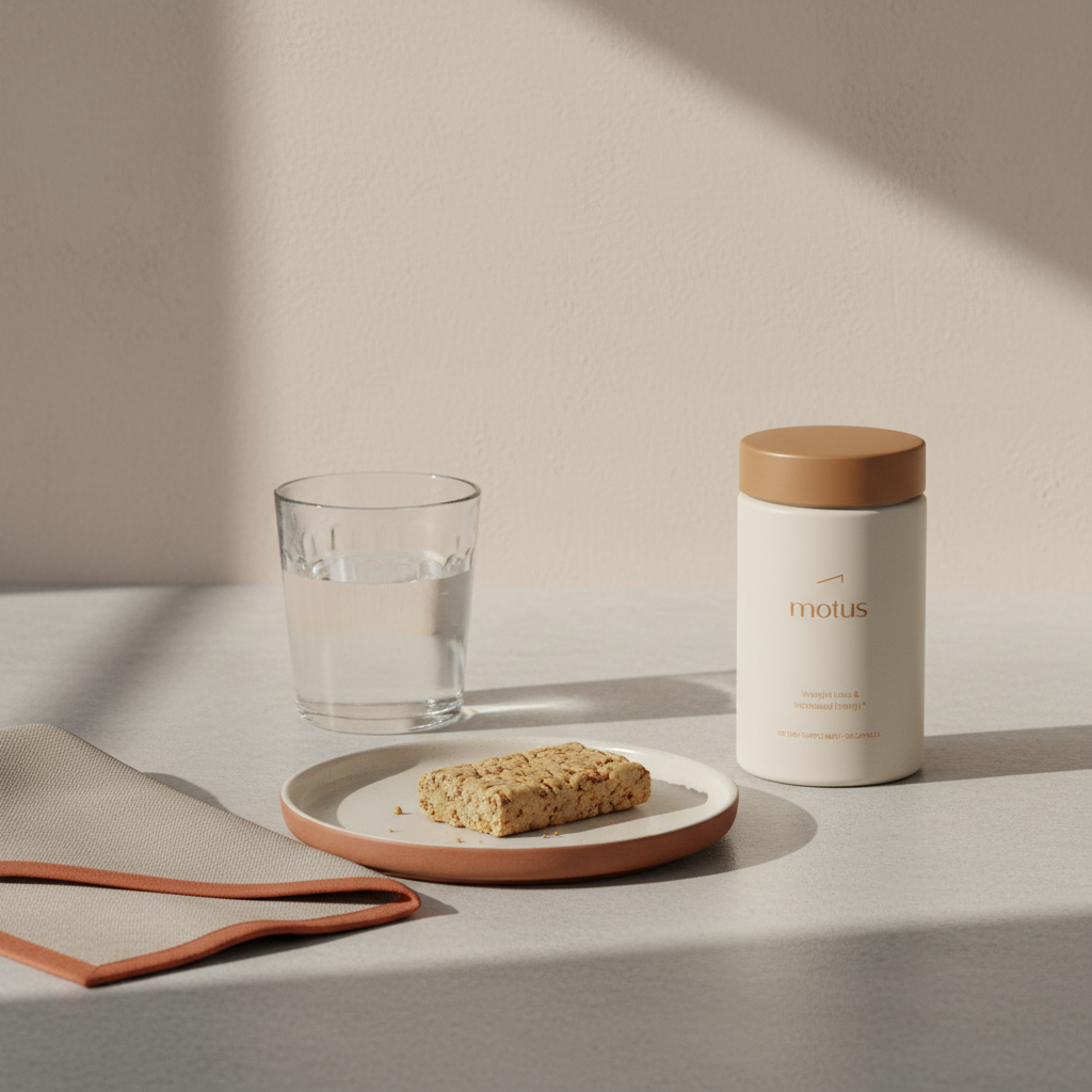 Tonum Motus bottle beside an unwrapped meal replacement bar on a plate with a glass of water in a minimalist kitchen scene — healthy meal replacement bars for practical weight loss.