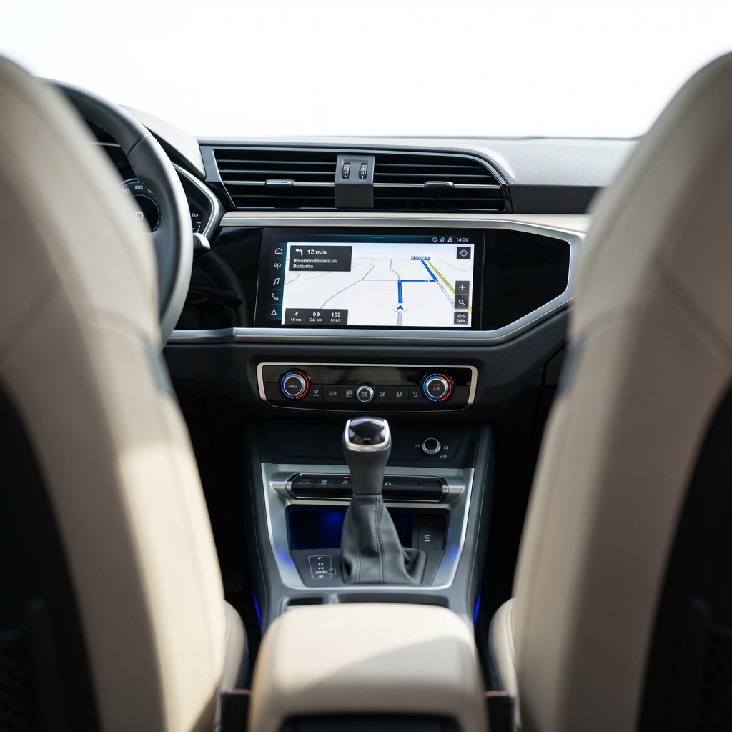 audi q3 for sale interior dashboard and infotainment navigation screen showing center console in minimalist white and blue CarFax Deals aesthetic