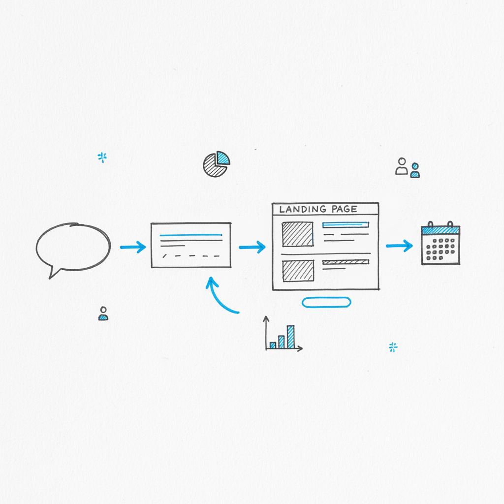 Notebook-style sketch of a simple ad funnel: search bubble to ad headline wireframe to landing page wireframe to calendar booking icon, ink #39383f with #1a5bfb accents &mdash; Google Ads for realtors