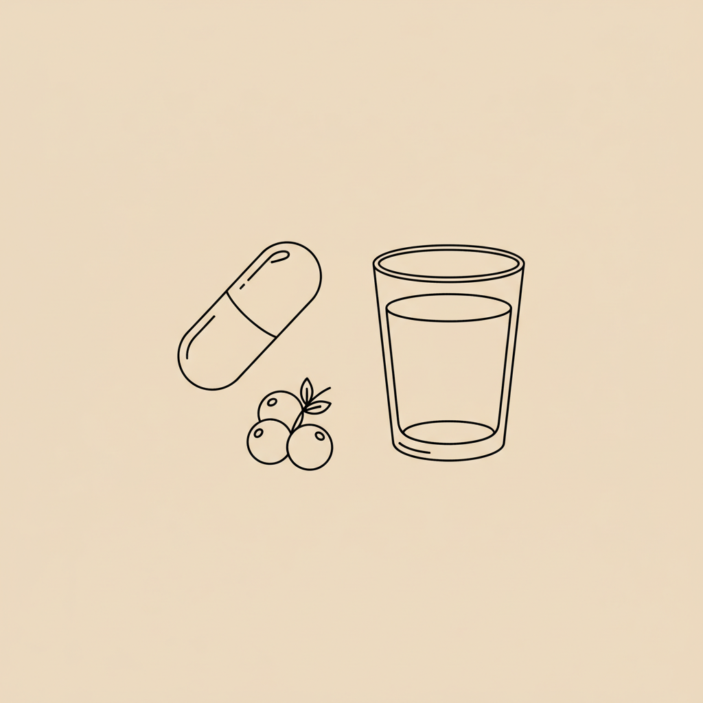 Minimalist 2D vector line illustration of a capsule, berries, and water glass on beige background — What are the pros and cons of carnitine?