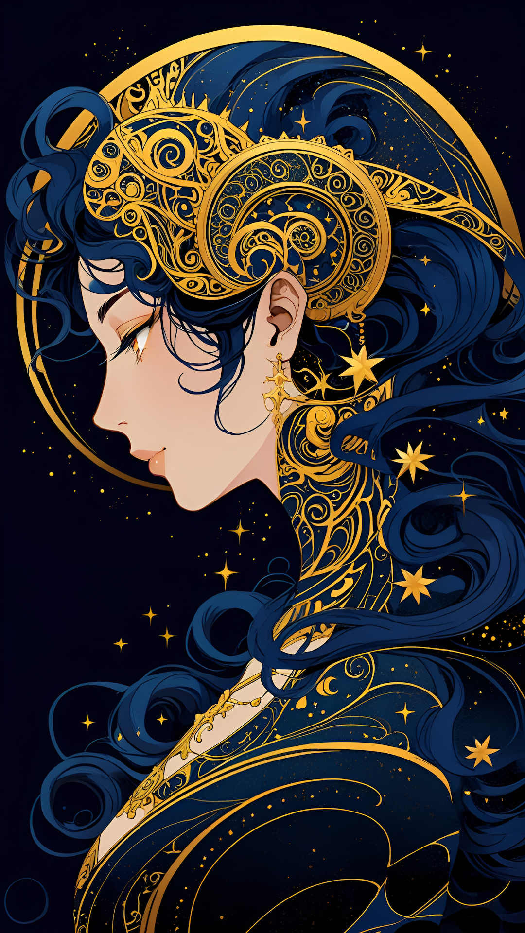 Celestial Anime Woman Gold Ornate Zodiac Profile - Free 4K mobile Wallpaper