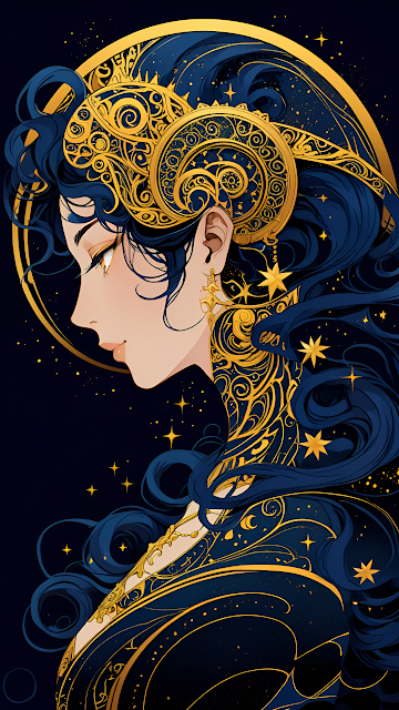 Celestial Anime Woman Gold Ornate Zodiac Profile - Free mobile Wallpaper