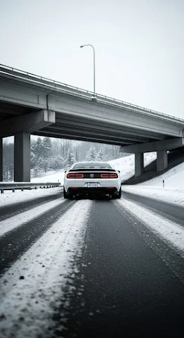 White Muscle Car Snowy Overpass