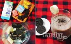 Cho sinh tố ra ly. Món sinh tố lạ miệng, thơm mùi bánh oreo với chuối chắc chắn sẽ làm con bạn thích mê.