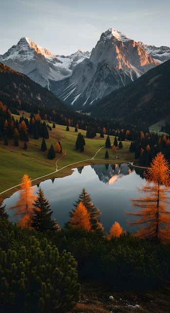 Autumn Larch Trees Reflected in Calm Alpine Mountain Lake - Free mobile Wallpaper