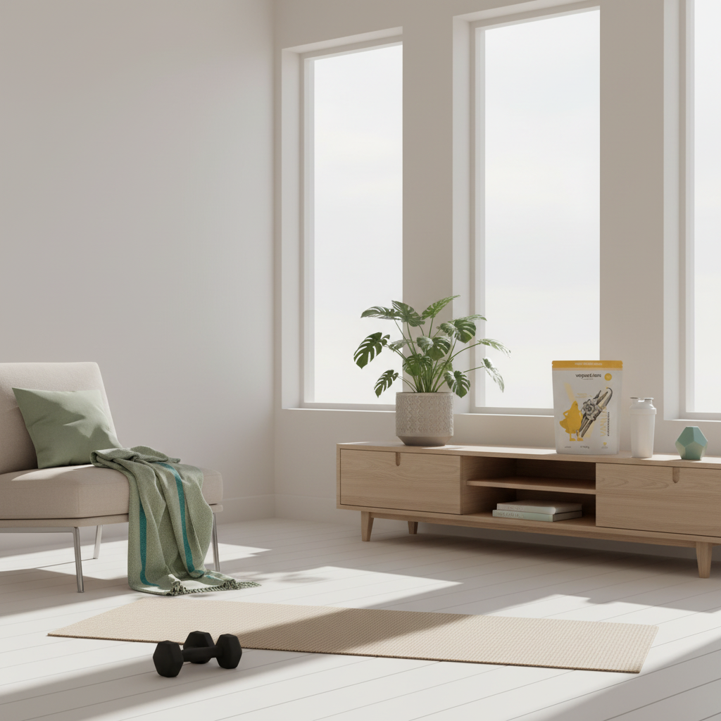Minimalistische Heimtrainingsszene mit Yogamatte, Kurzhanteln und Vegardians-Shaker auf Sideboard im skandinavischen Wohnzimmer bei winterlichem Licht – low carb wirkung