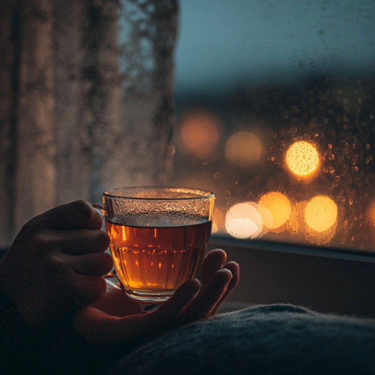 밤에 따뜻한 차를 마시는 장면