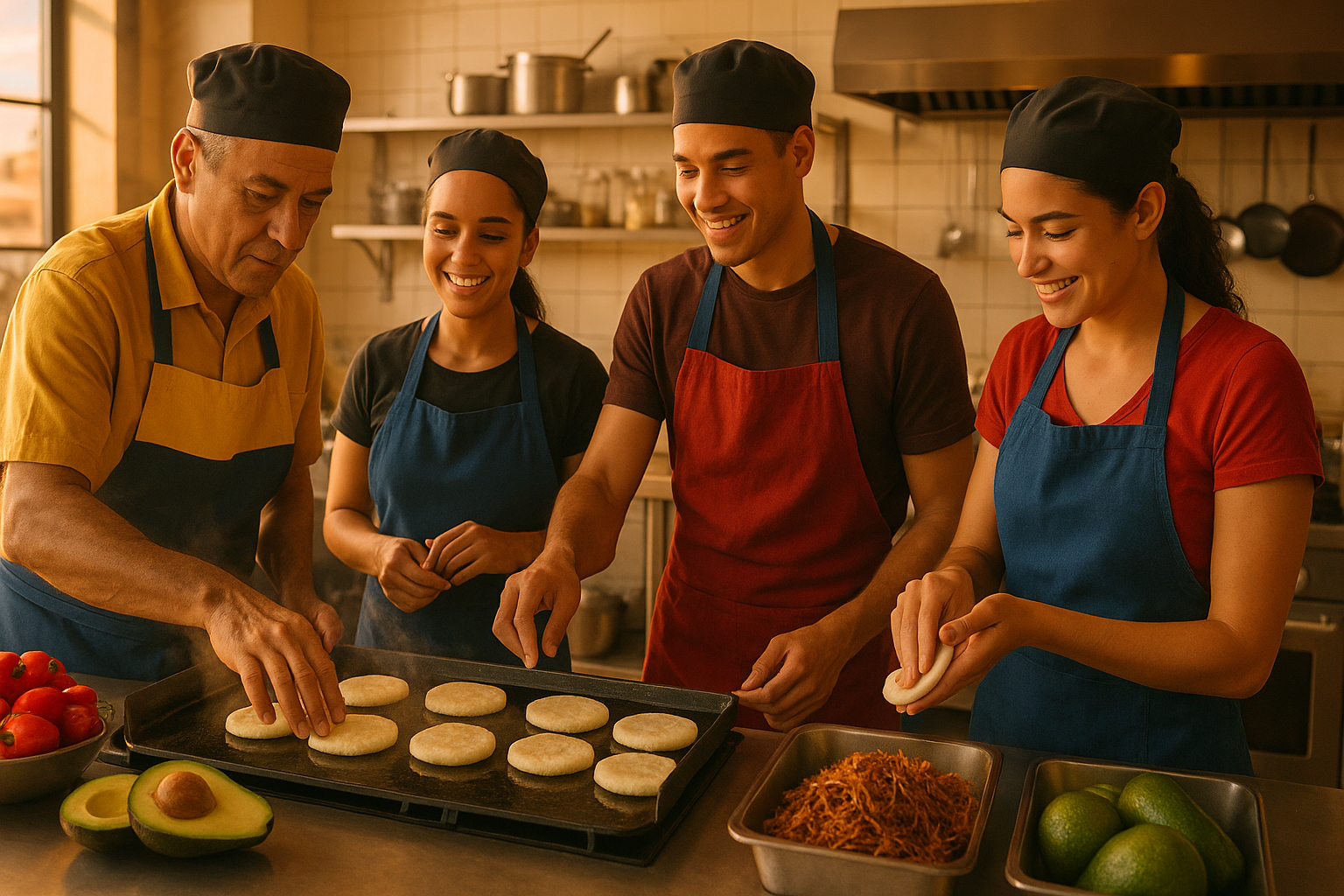 Cocineros venezolanos preparando arepas en una cocina compartida para delivery