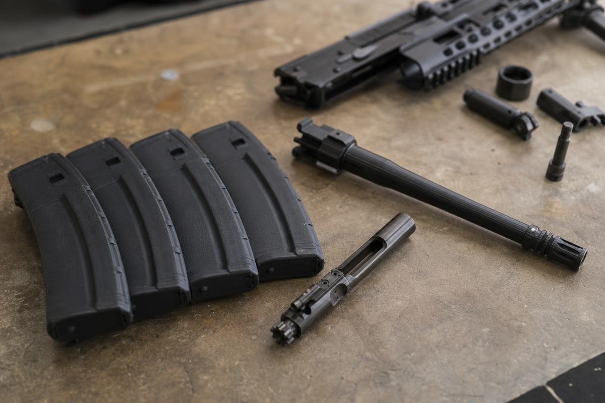6.8 SPC AR-15 conversion parts including barrel bolt and magazines