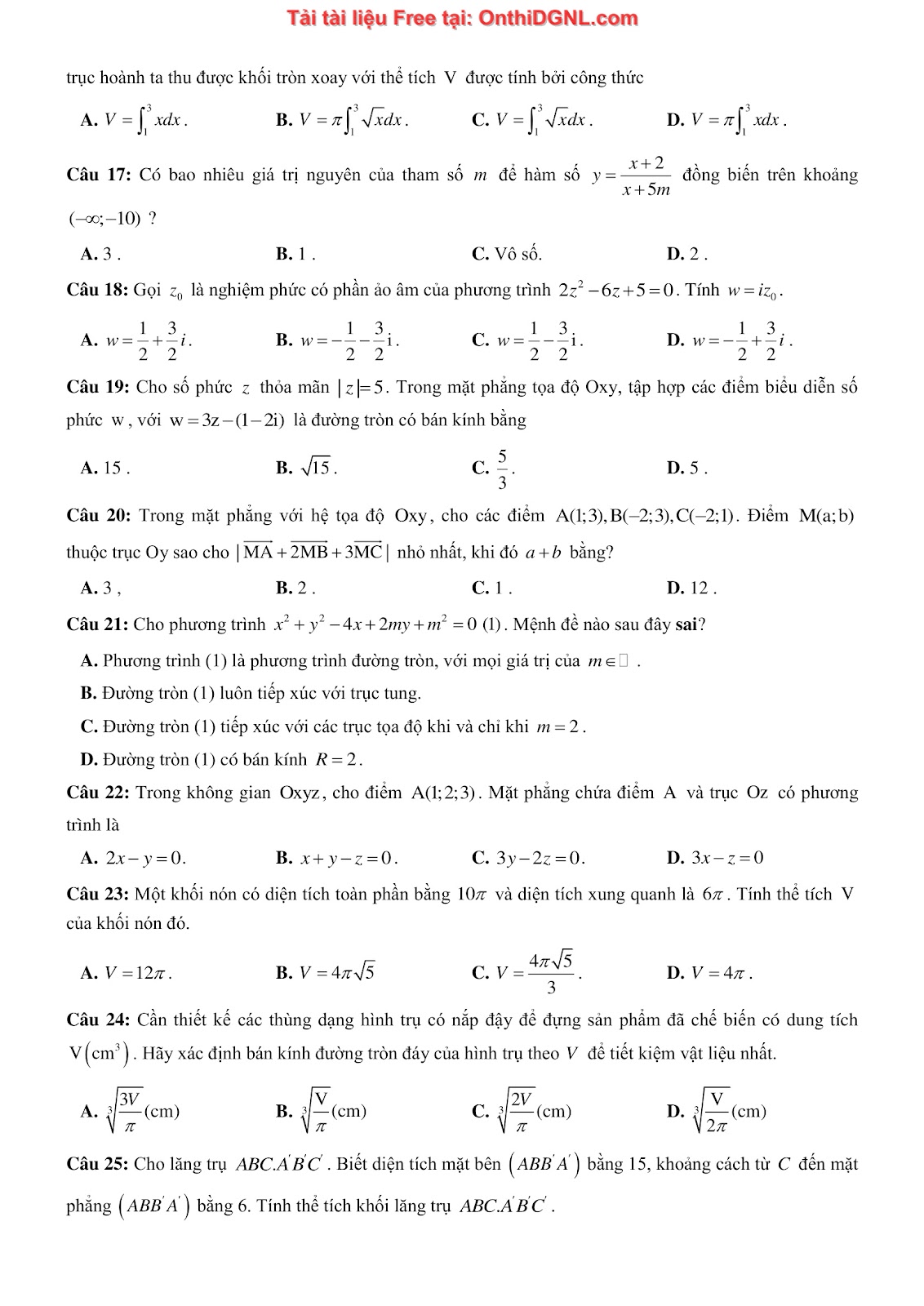 1300 bài tập môn Toán - Ôn thi ĐGNL ĐHQG Hà Nội Phần 16