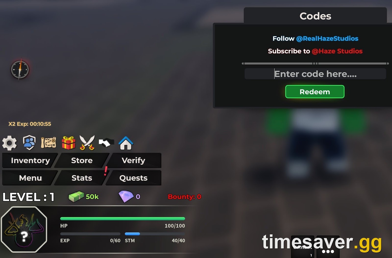 Haze Seas Codes window with the Enter code here box and green Redeem button, next to the gift icon above the Menu button