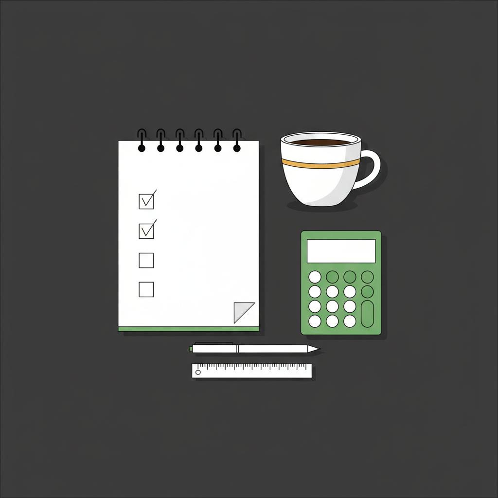 Minimalist 2D vector desk scene with notepad checklist calculator and coffee cup in Finance Police colors how do i start investing in real estate
