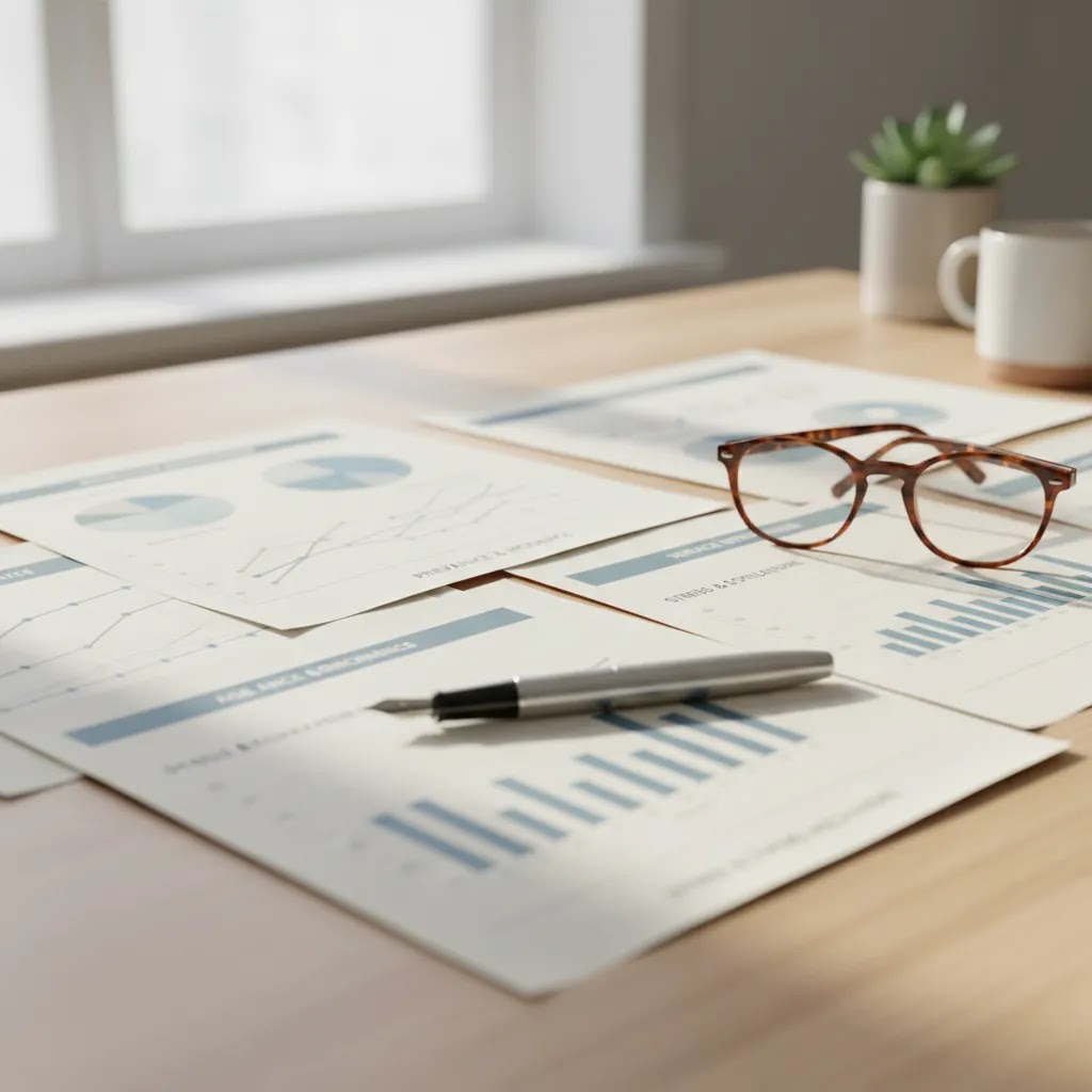 What is Singapore mental health study measuring with charts, documents, and research materials on a desk
