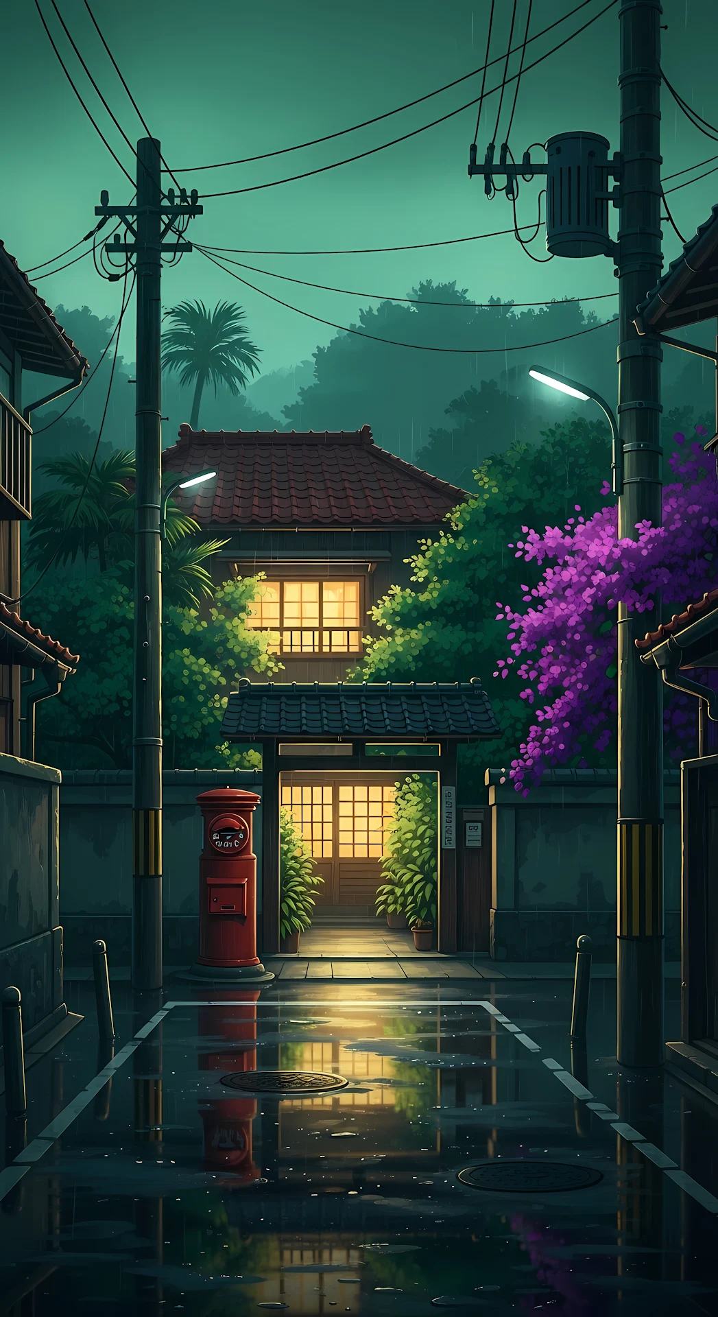 Rainy Evening in a Quiet Japanese Residential Street - Free 4K mobile Wallpaper