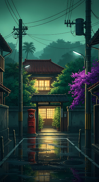 Rainy Evening in a Quiet Japanese Residential Street - Free mobile Wallpaper
