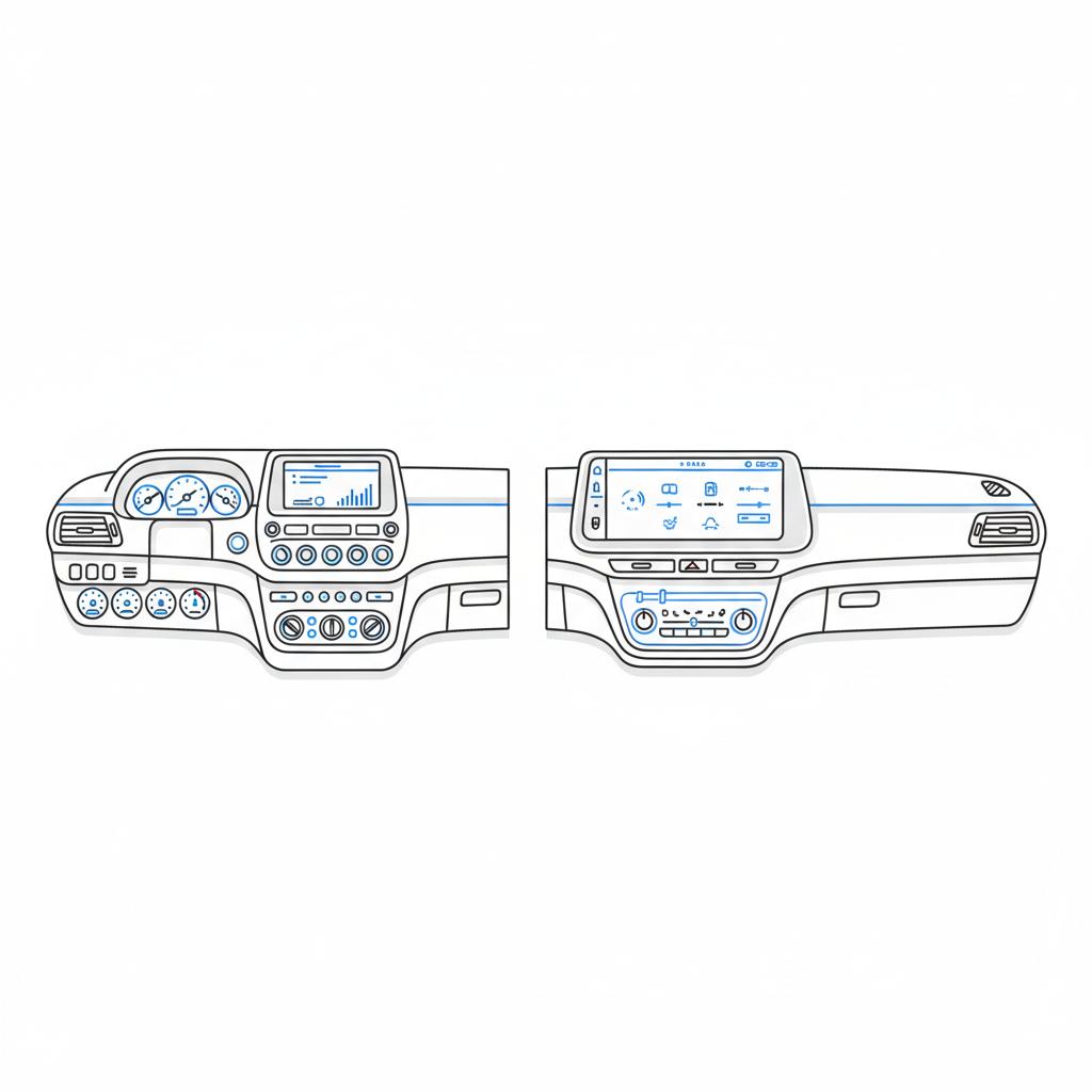 Minimal 2D vector dashboard comparison showing older analogue infotainment and modern touchscreen driver assist layouts used chevrolet tahoe for sale