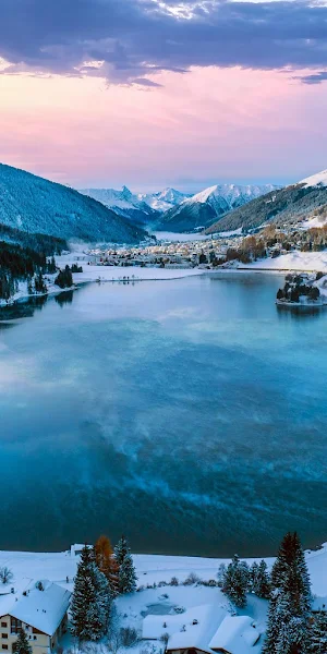Winter Landscape, Mountain Lake, Snowy Alps, Scenic View 5K Wallpaper Background