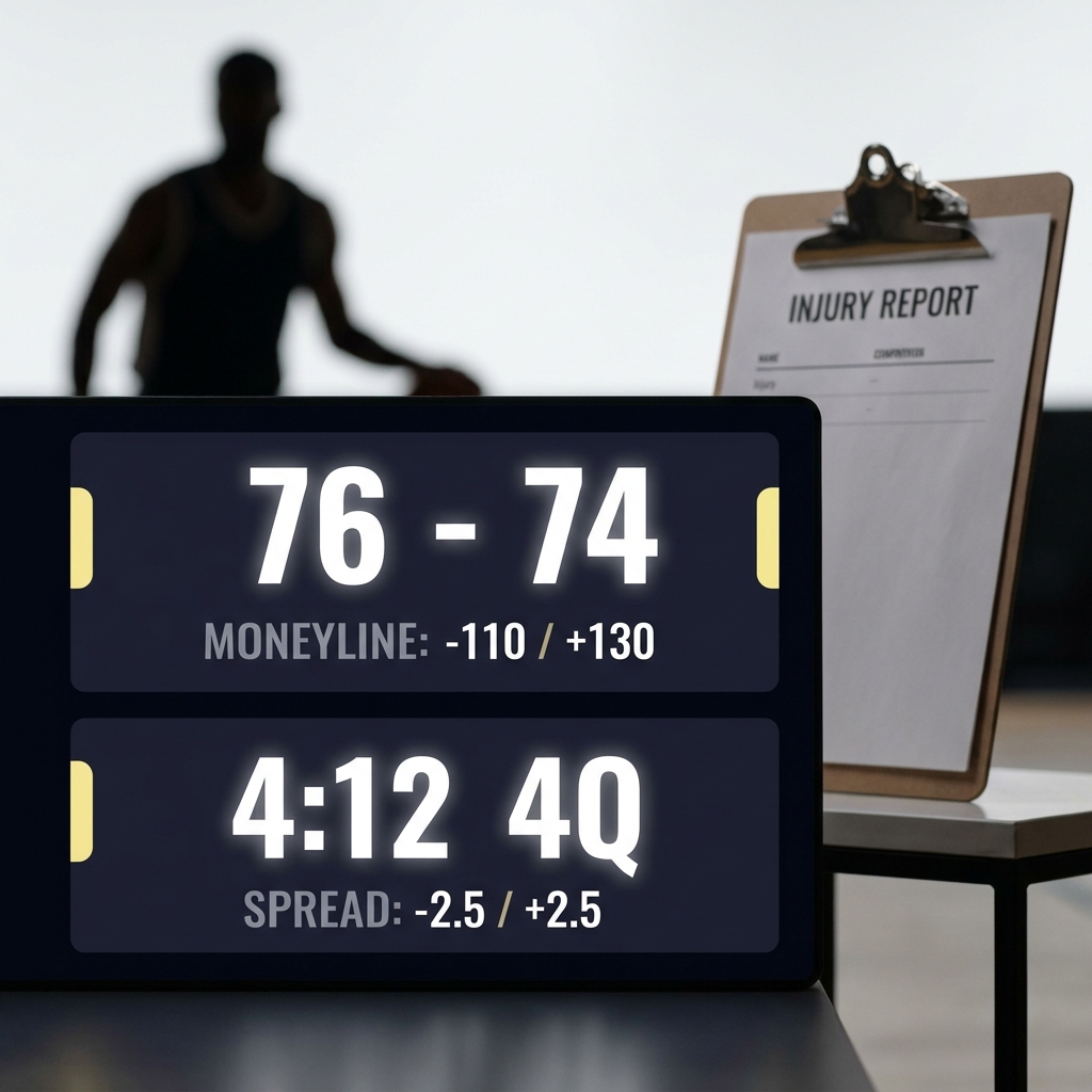 bucks celtics prediction close up scoreboard showing moneyline and point spread with player silhouette and injury report clipboard on minimalist dark navy Funded Plays style background