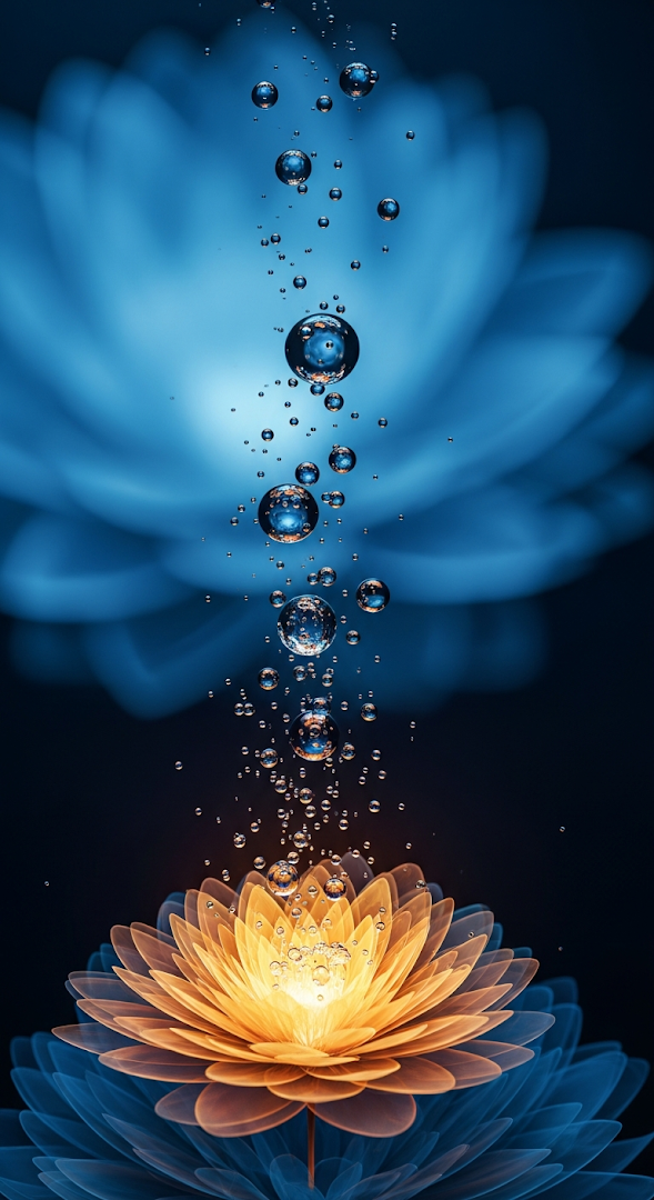 Abstract Flower with Bubbles in Blue and Orange Water