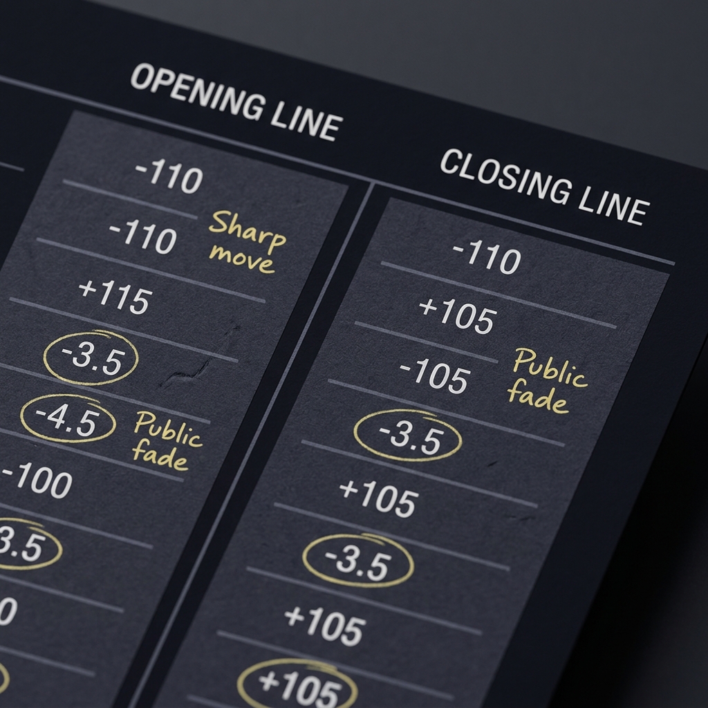 Close up printed odds board showing opening lines vs closing lines with subtle annotations clean Funded Plays brand colors dark background and minimalist layout