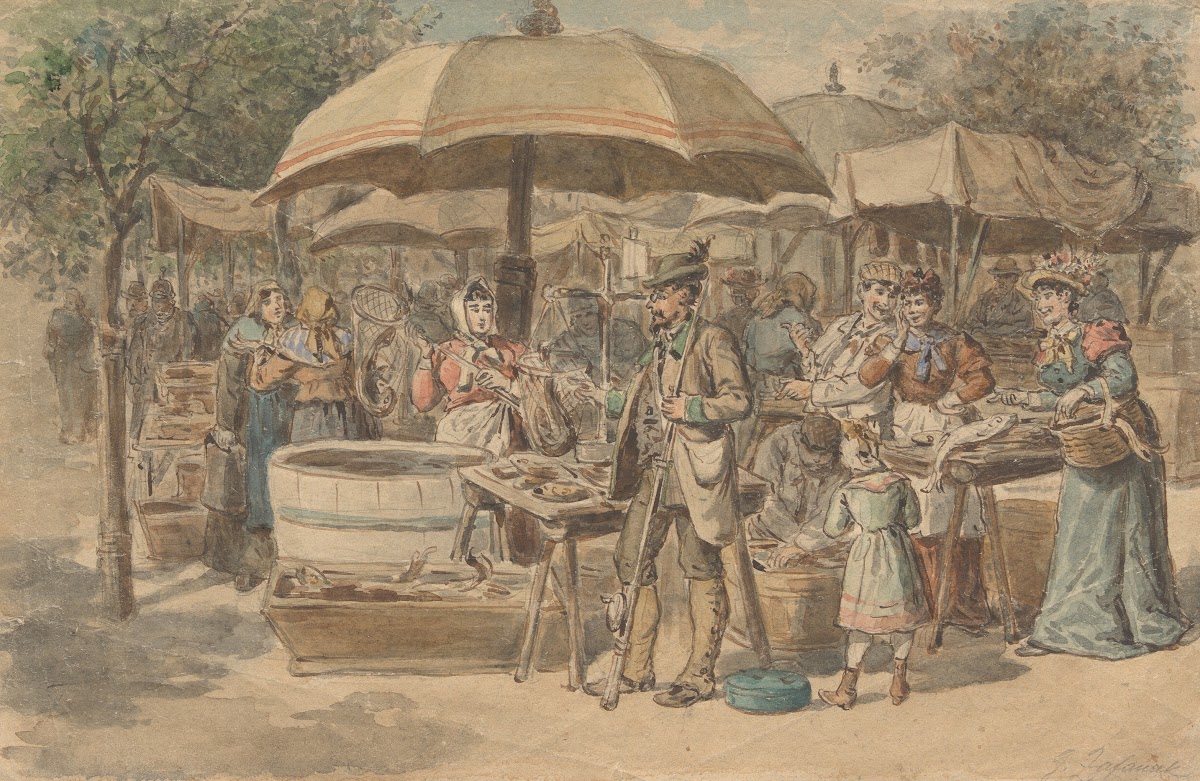 Fischverkaufsstände auf dem Markt 1880
