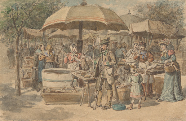 Fischverkaufsstände auf dem Markt 1880