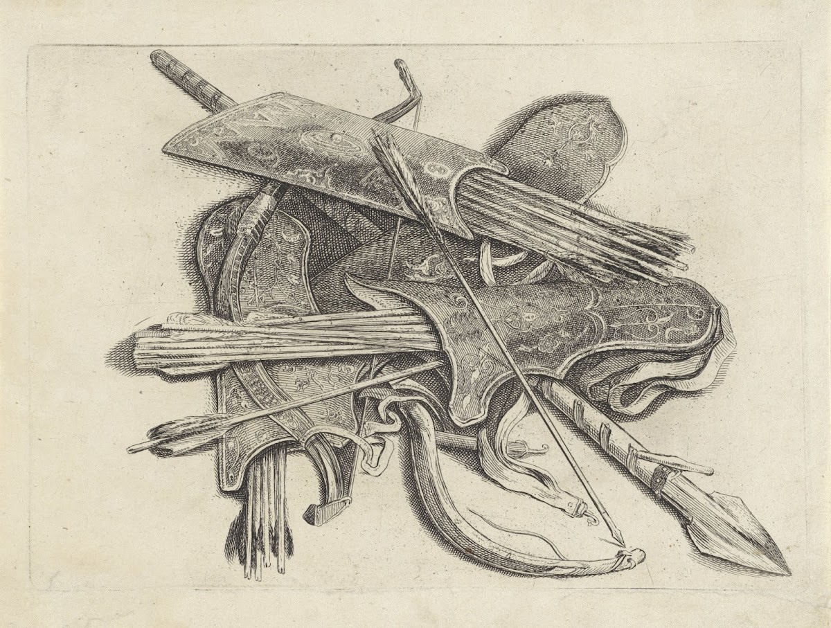 Four quivers with arrows two bows and a spear arranged on the ground 1646