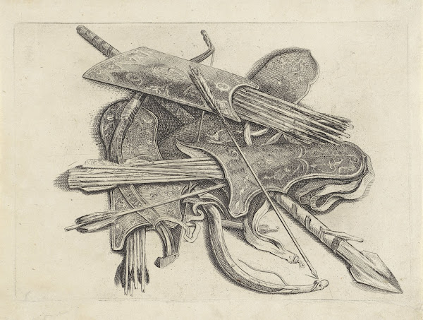 Four quivers with arrows two bows and a spear arranged on the ground 1646