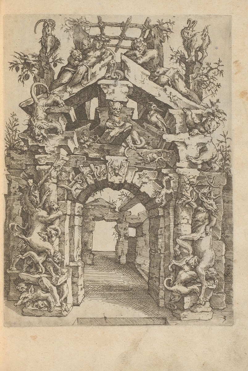 Ruins of a gate with deer dogs lions birds squirrels bats bears reptiles goats a