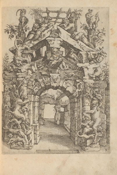 Ruins of a gate with deer dogs lions birds squirrels bats bears reptiles goats a