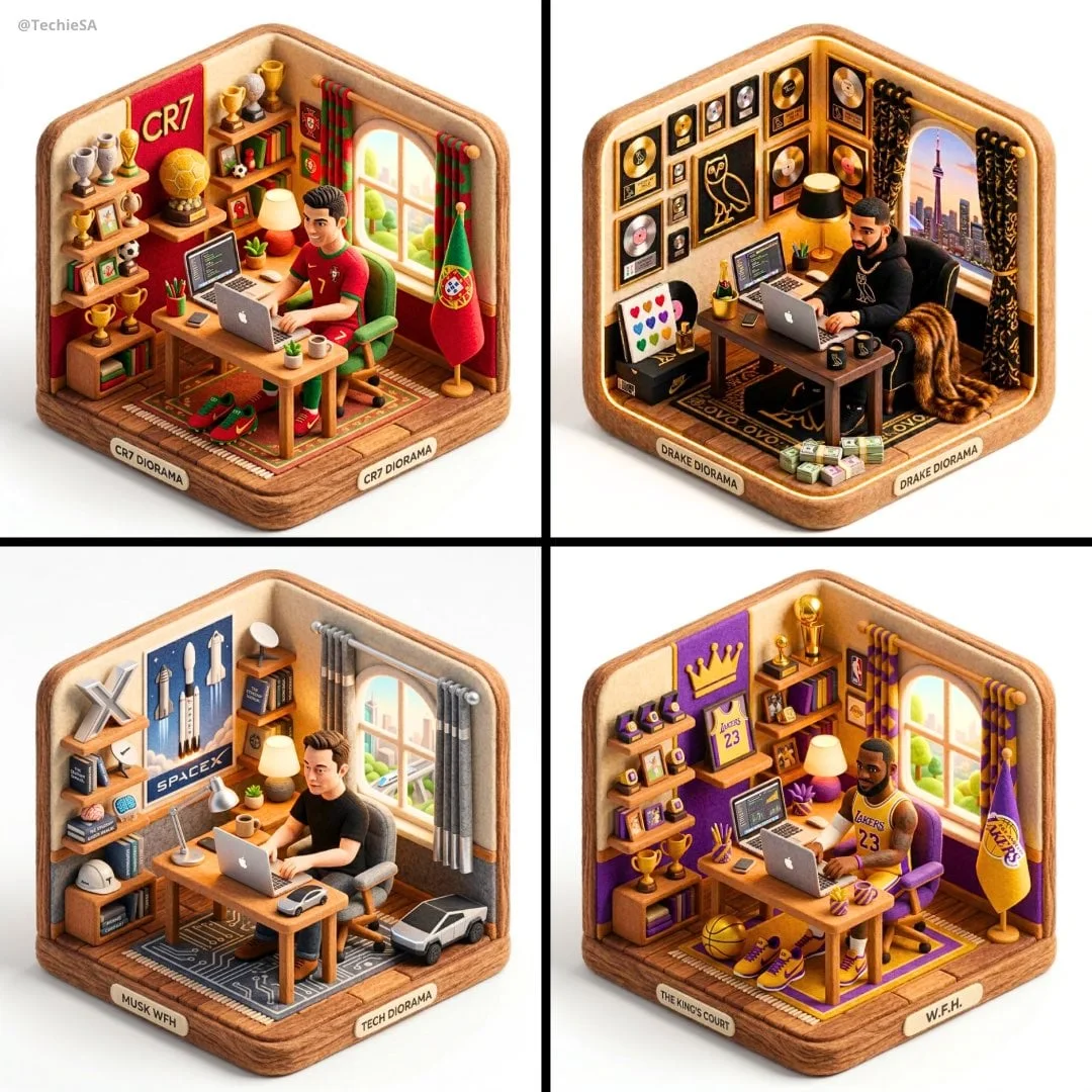 Genera una ilustración de diorama isométrico en 3D de [CHARACTER] trabajando desde casa en un escritorio con una computadora portátil y una ventana.