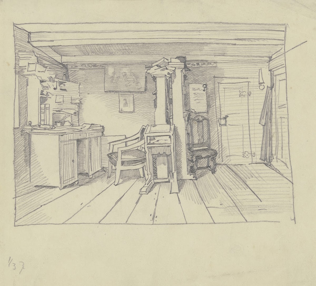 Zimmer mit Schreibtisch Stehpult und Bücherregalen ca 1857