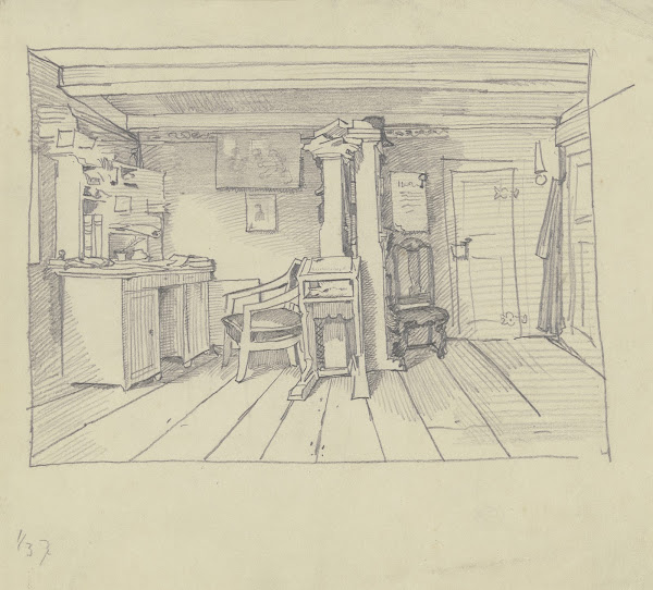 Zimmer mit Schreibtisch Stehpult und Bücherregalen ca 1857