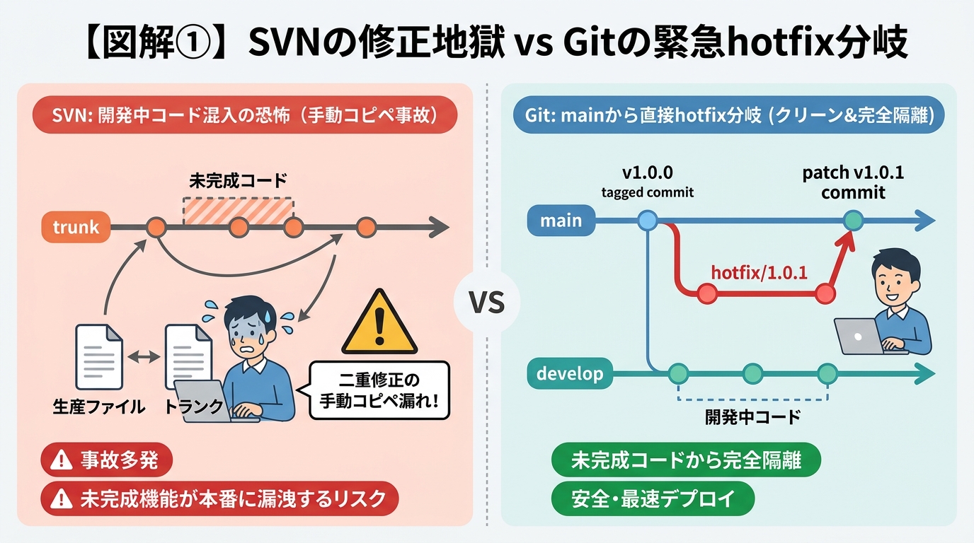 SVN修正地獄 vs Git緊急hotfix分岐