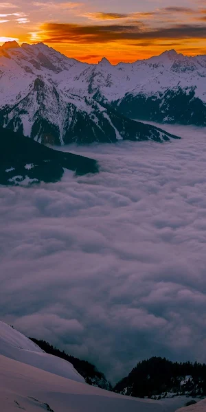 Mountain Landscape, Sunrise View, Foggy Mountains, Snowy Peaks 5K Wallpaper Background