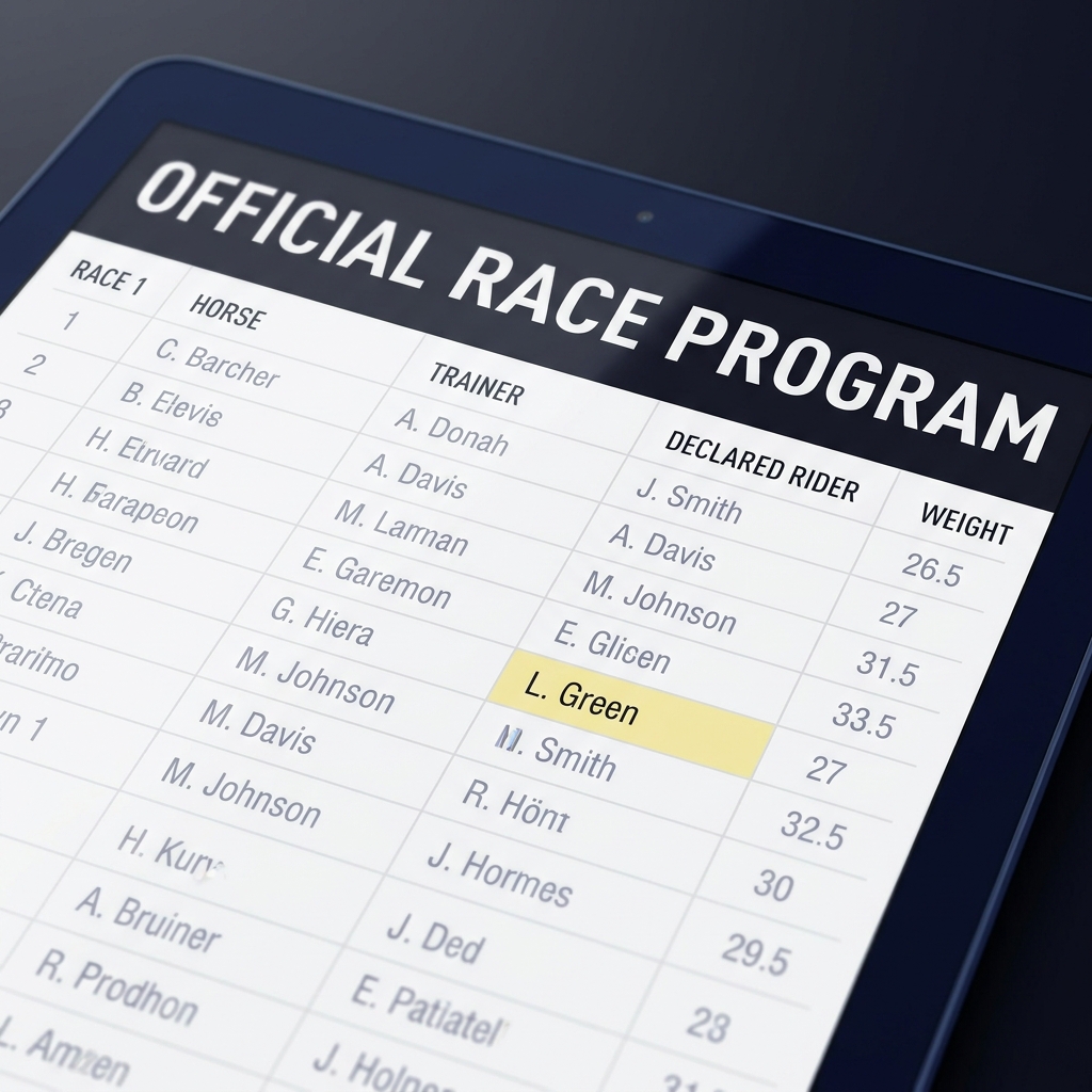 Close up tablet showing official race program with focus on the declared rider column featuring aqueduct picks cox in a clean Funded Plays dark palette