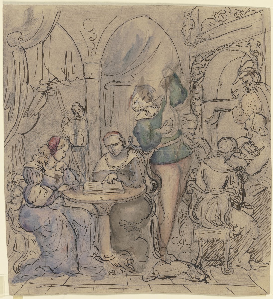 Lautenspieler in historischer Tracht in galanter Salongesellschaft