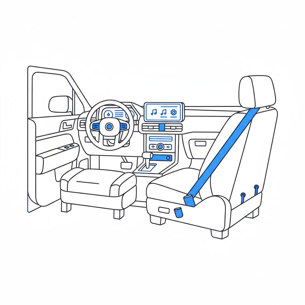 Minimalist 2D vector of a late model SUV interior highlighting dashboard safety features seatbelts infotainment and child seat anchors chevrolet suburban for sale