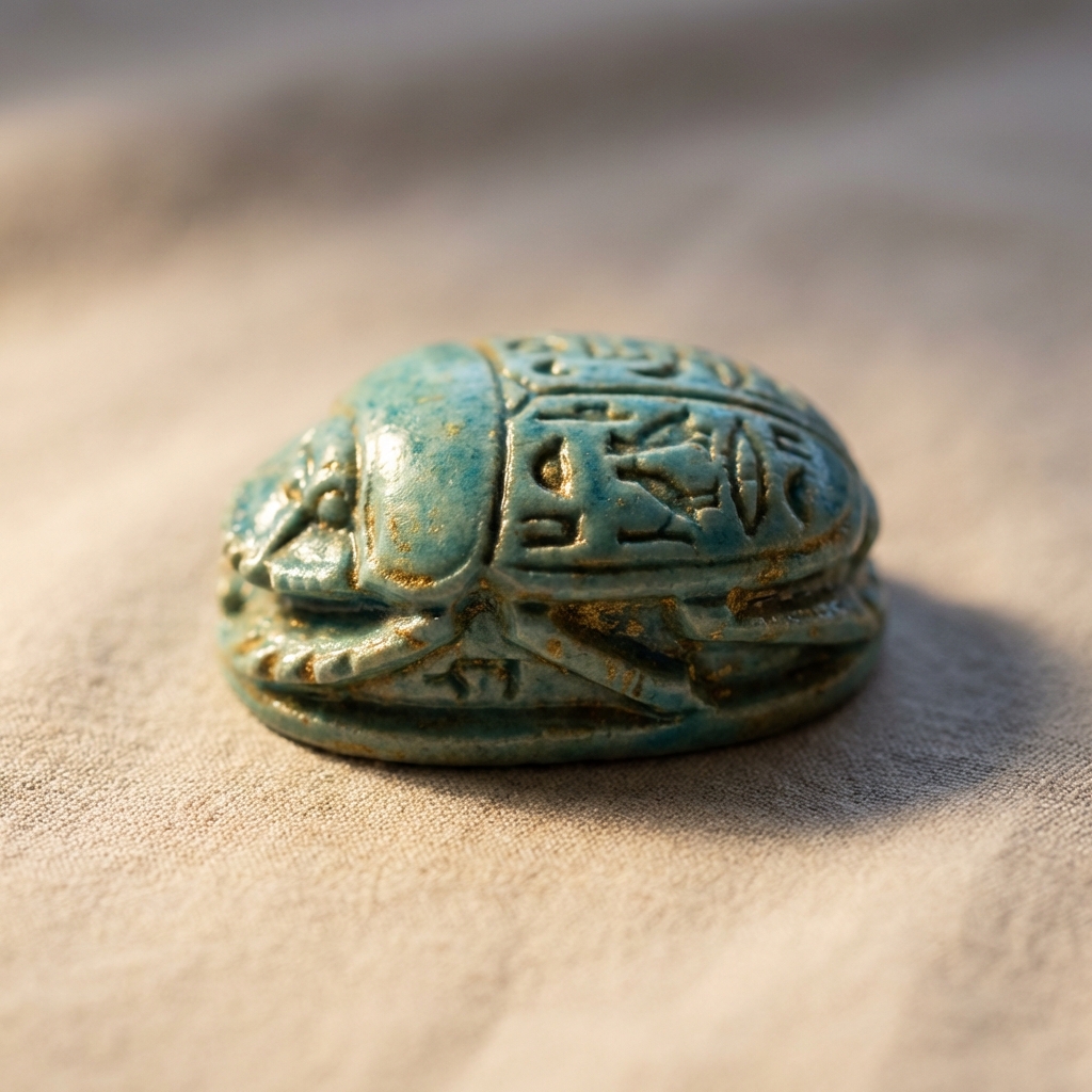 Macro shot of a faience scarab intaglio with carved inscription visible on warm beige background in Aurora Antiqua palette featuring egyptian rings