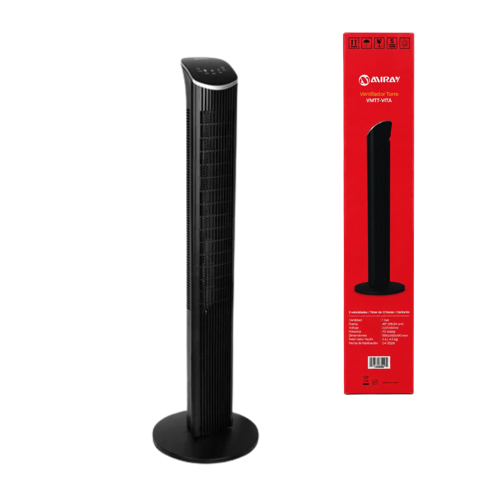 Ventilador de Torre Miray 65W VMTT-VITA con Control Remoto, 3 Velocidades, Oscilacion y Timer
