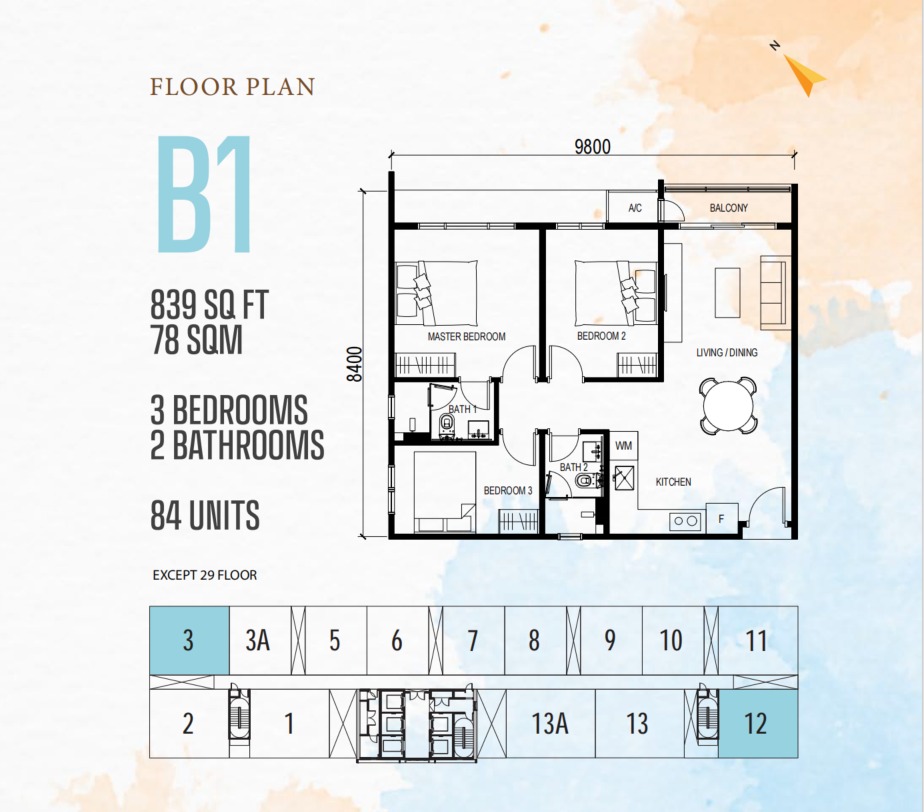 Vox Type B1 floor plan — 807 sq ft, 2 bedrooms